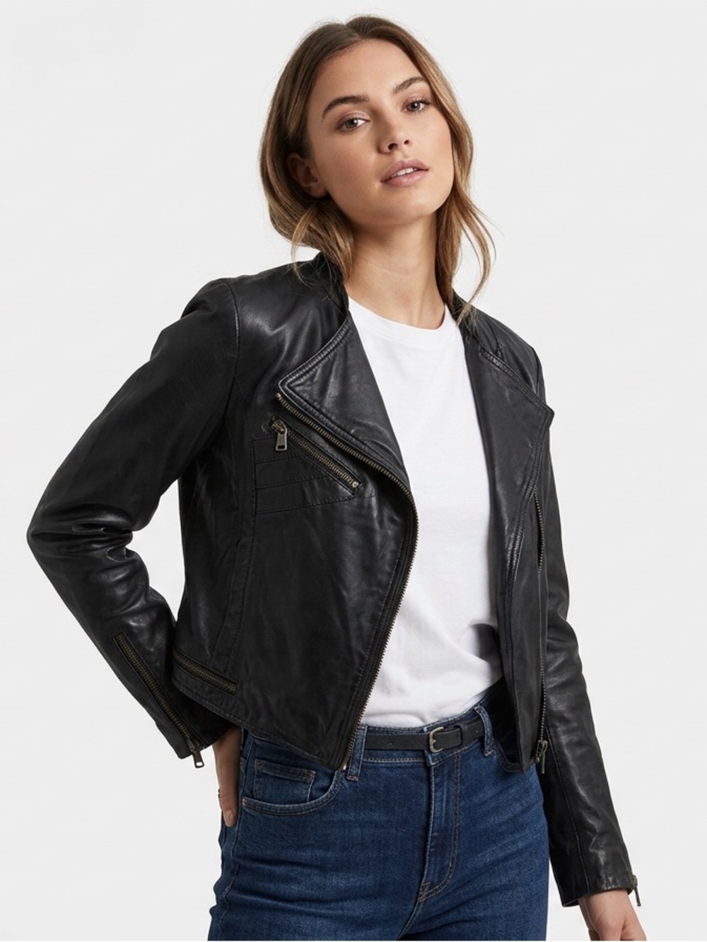 Women’s Black Leather Moto Jacket with Asymmetrical Zip